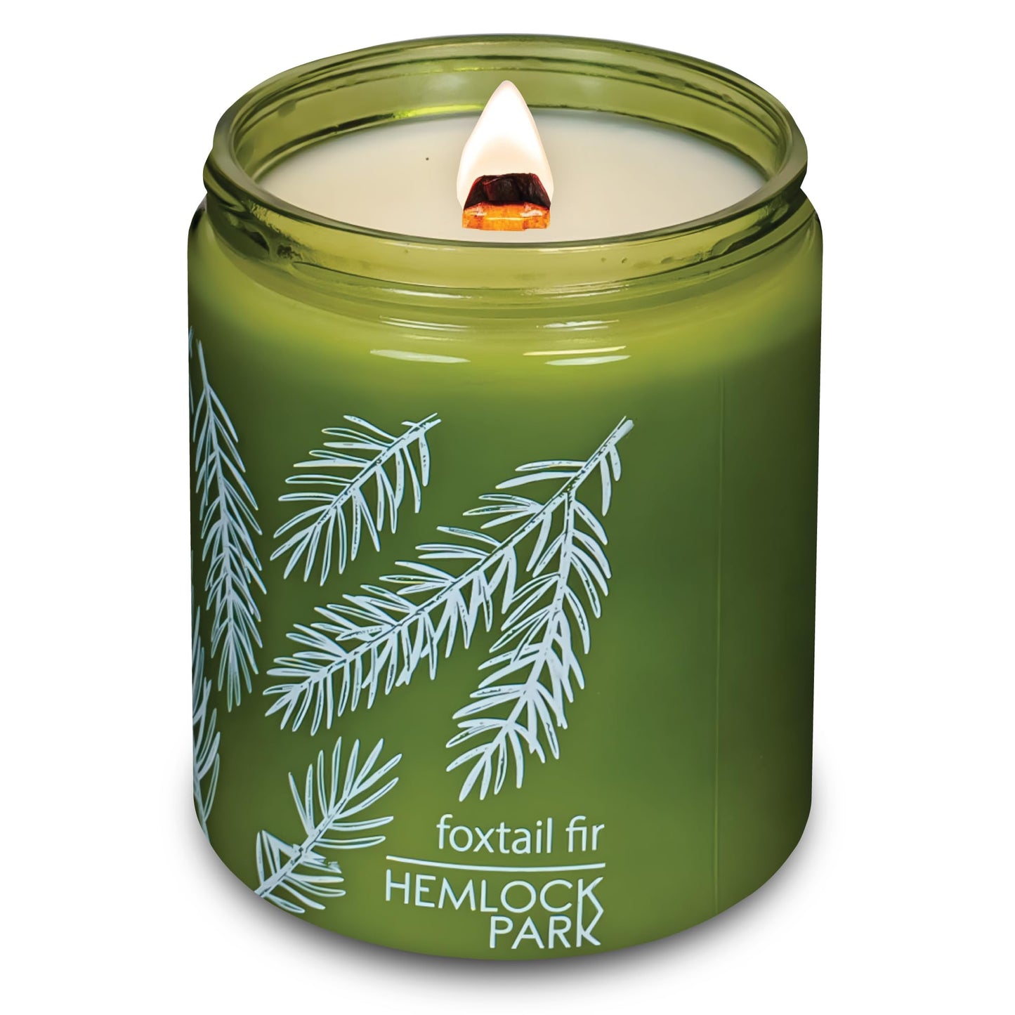Hemlock Park Green Glass Wood Wick Candle – Handcrafted Coconut Wax (8 oz) Foxtail Fir