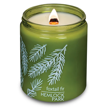 Hemlock Park Green Glass Wood Wick Candle – Handcrafted Coconut Wax (8 oz) Foxtail Fir