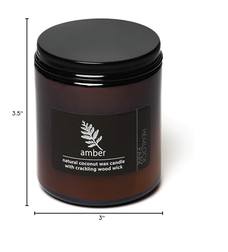 Hemlock Park Crackling Wood Wick Candle - Handcrafted Coconut Wax 8 oz (Amber)