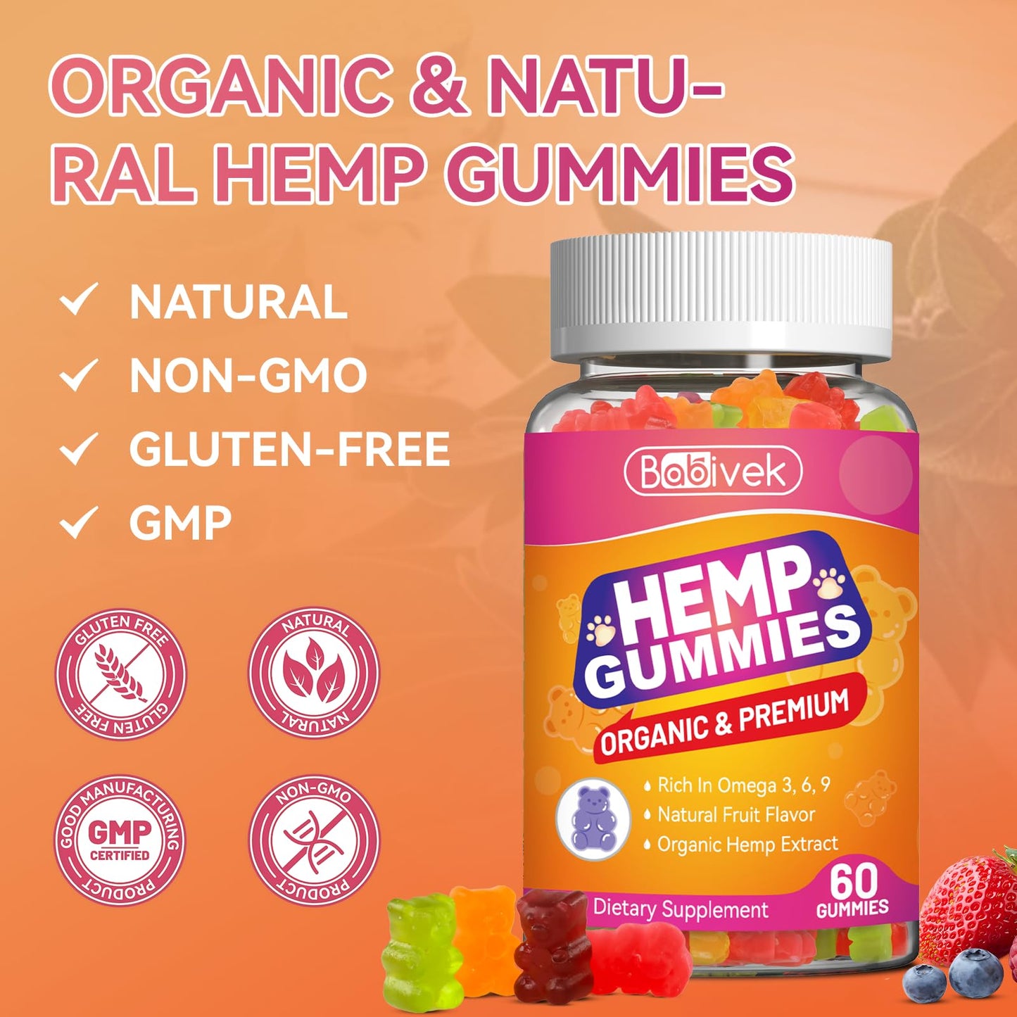 Hemp Oil Gummies with Vitamin C – Vegan, Organic, Non-GMO, Gluten-Free, Fruity Flavor, 60 Gummies(1Pack)
