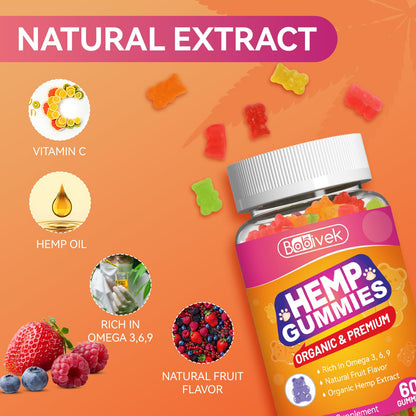 Hemp Oil Gummies with Vitamin C – Vegan, Organic, Non-GMO, Gluten-Free, Fruity Flavor, 60 Gummies(1Pack)
