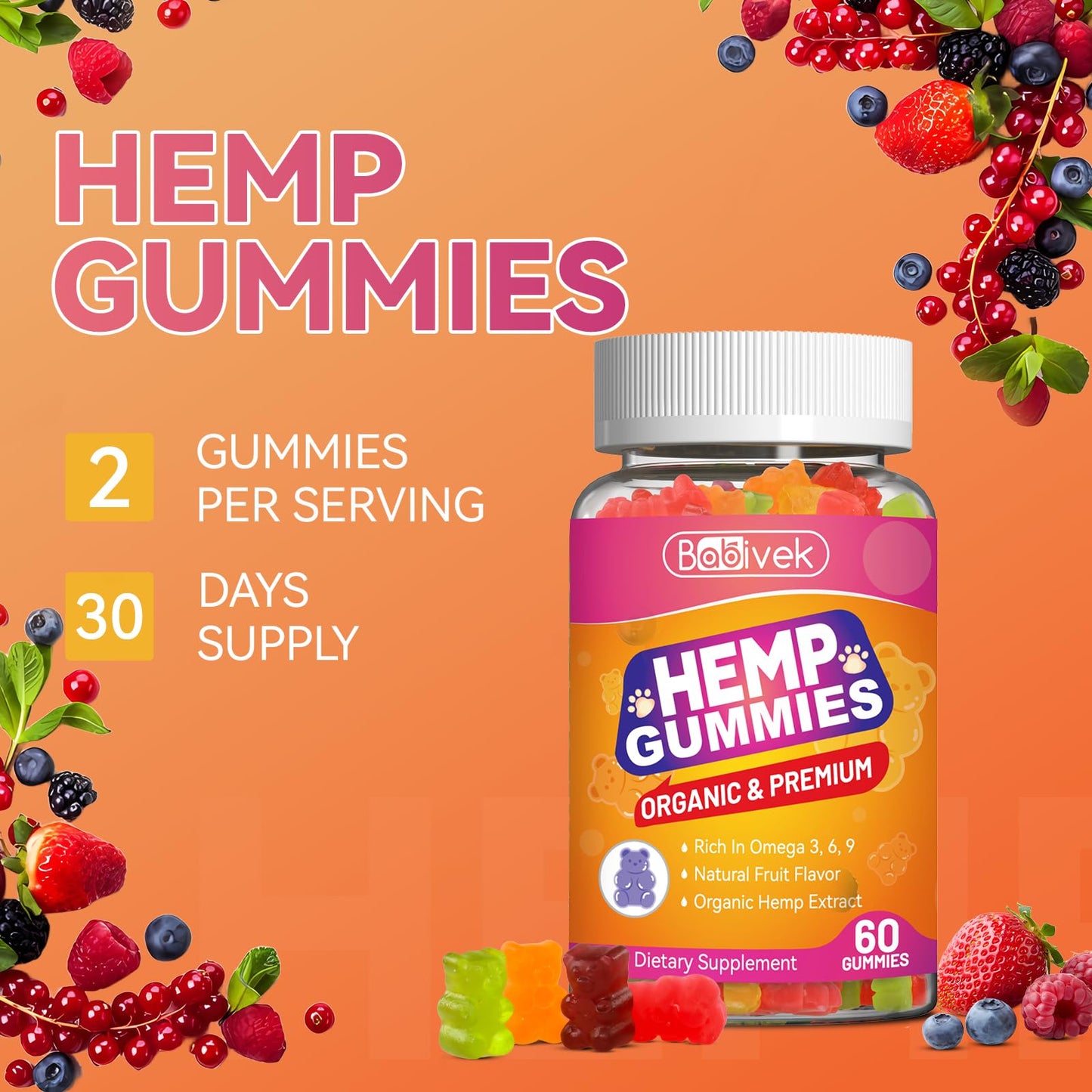 Hemp Oil Gummies with Vitamin C – Vegan, Organic, Non-GMO, Gluten-Free, Fruity Flavor, 60 Gummies(1Pack)