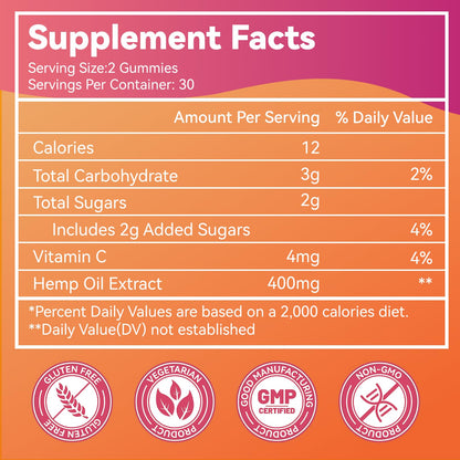 Hemp Oil Gummies with Vitamin C – Vegan, Organic, Non-GMO, Gluten-Free, Fruity Flavor, 60 Gummies(1Pack)