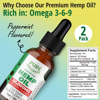Organic Hemp Seed Oil (4 Oz) Peppermint, High Potency 30,000 mg | Non-GMO, Vegan