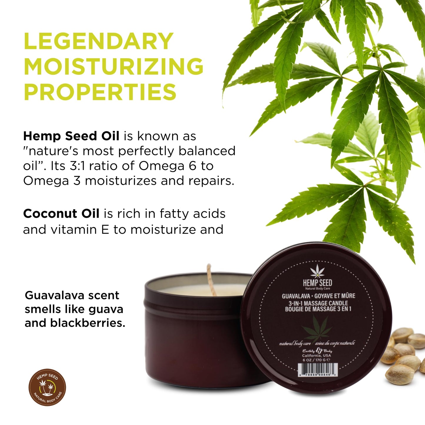 Hemp Seed 3-in-1 Massage Candle (6 oz) – Guavalava Scent | Vegan & Cruelty-Free