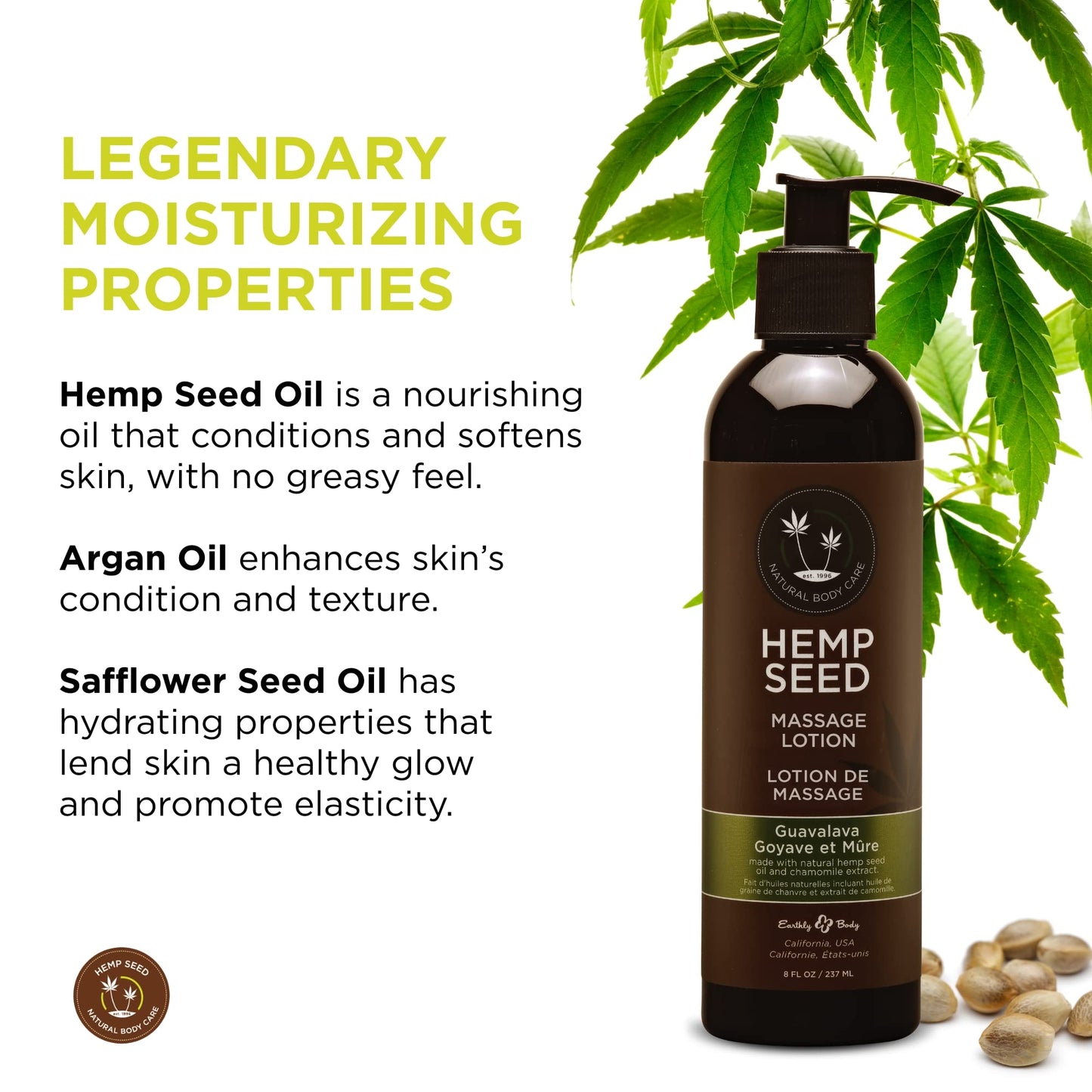 Hemp Seed Massage Lotion, Guavalava - 8 oz - Glides Easily on Skin, Absorbs Slowly & Deeply, Moisturizes, Leaves Skin Silky Soft - Vegan, Cruelty Free