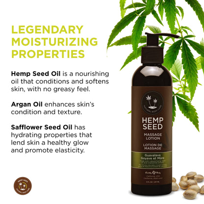 Hemp Seed Massage Lotion, Guavalava - 8 oz - Glides Easily on Skin, Absorbs Slowly & Deeply, Moisturizes, Leaves Skin Silky Soft - Vegan, Cruelty Free