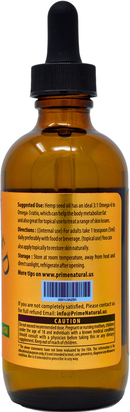 Prime Natural Organic Hemp Seed Oil 4oz - USDA Certified | Cold-Pressed Sativa Oil | Vegan, Food Grade