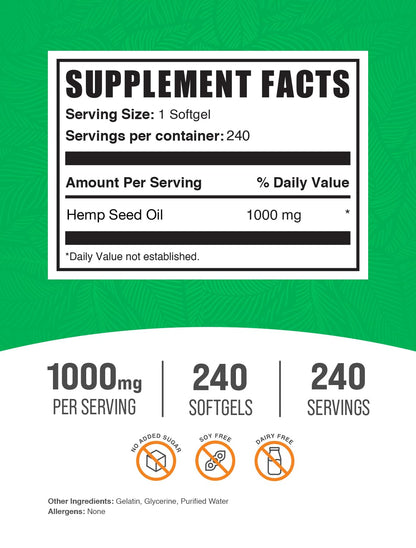 Hemp Seed Oil Softgels 1000mg – Omega-3, Gluten Free | 240 Count