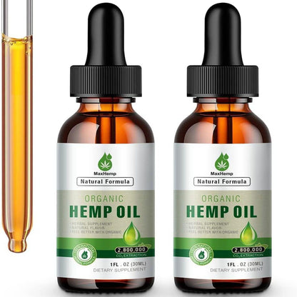 Hemp Oil Organic Premium - Maximum Strength | 100% Natural Hemp Drops Tincture - Vegan 2-Pack