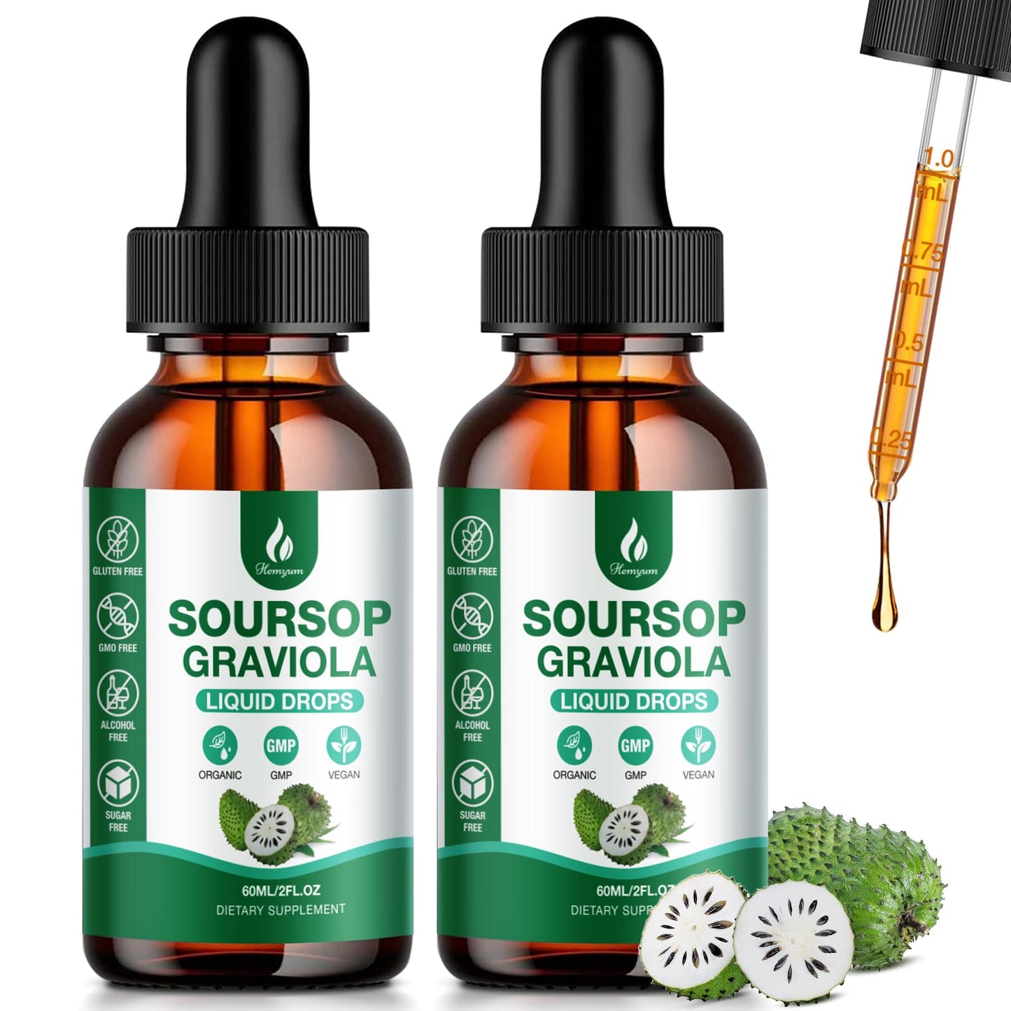 Hemyum Soursop Bitters Liquid – 2 Pack, 7-in-1 Graviola Drops with Sea Moss