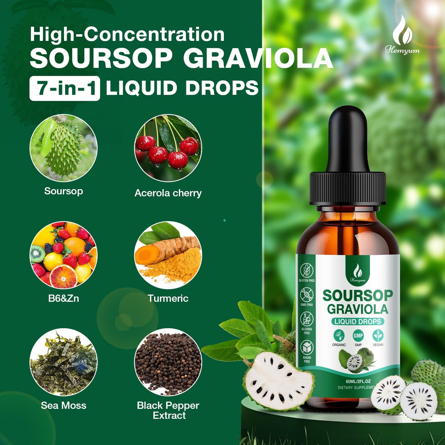 Hemyum Soursop Bitters Liquid (3 Pack) – 7-in-1 Graviola Drops with Organic Sea Moss, 6 oz (180 ml)