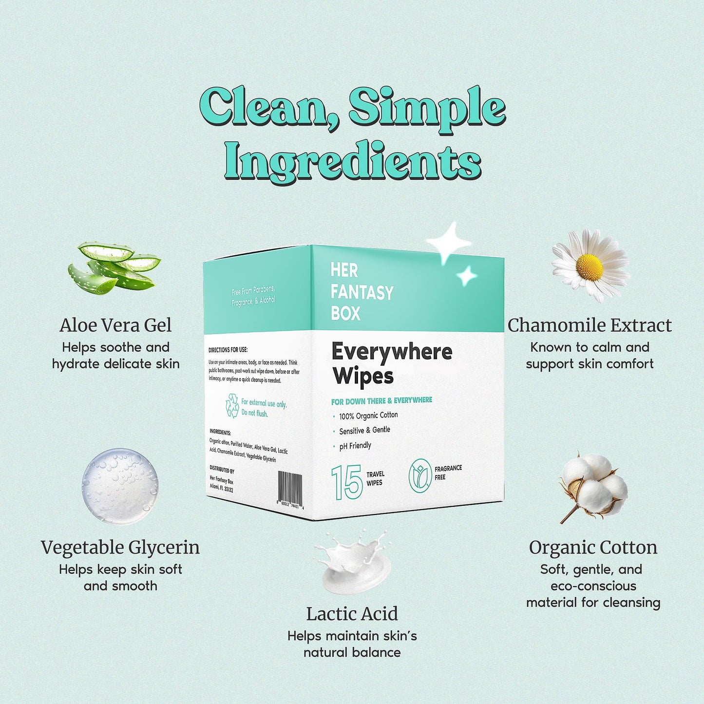Her Fantasy Box | Everywhere Wipes – 100% Organic Cotton, Gentle & Refreshing, pH-Balanced, Fragrance-Free, Plant-Powered for Body, Face & Intimate Areas, Ideal for Sensitive Skin - 1 Pack, 15 Wipes
