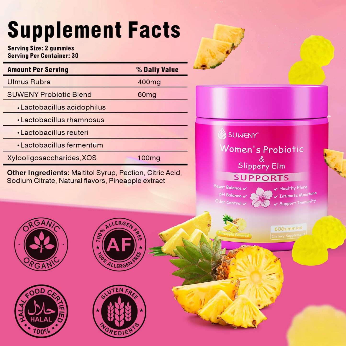 Her Juicy Feminine Probiotics Gummies – Supports pH Balance & Women's Health | Pineapple Flavor, 60 Gummies