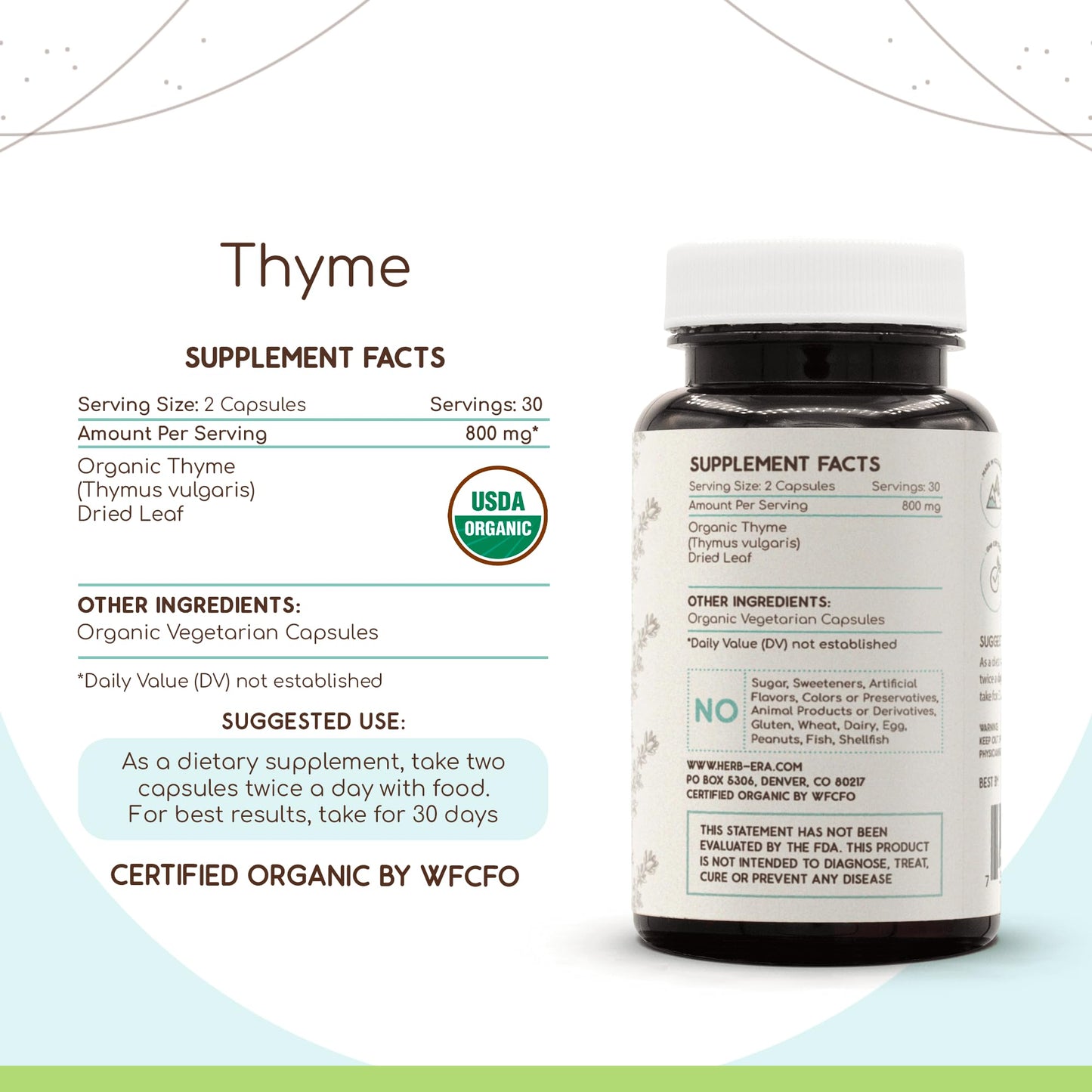 HerbEra Thyme 60 Capsules – 800 mg, USDA Organic Thyme (Thymus Vulgaris) Dried Leaf
