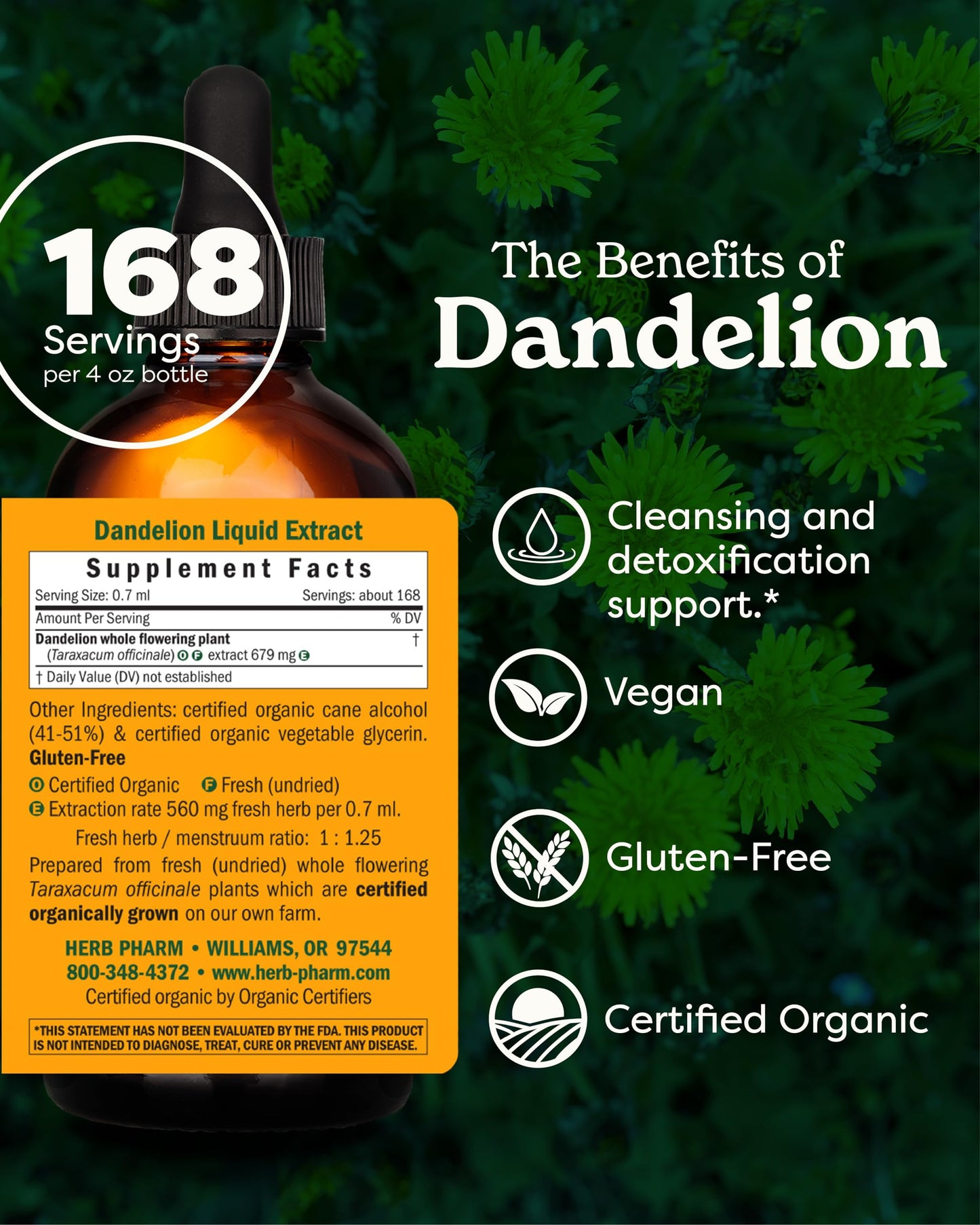 Herb Pharm Certified Organic Dandelion Liquid Extract – Detox & Cleansing, 4 oz
