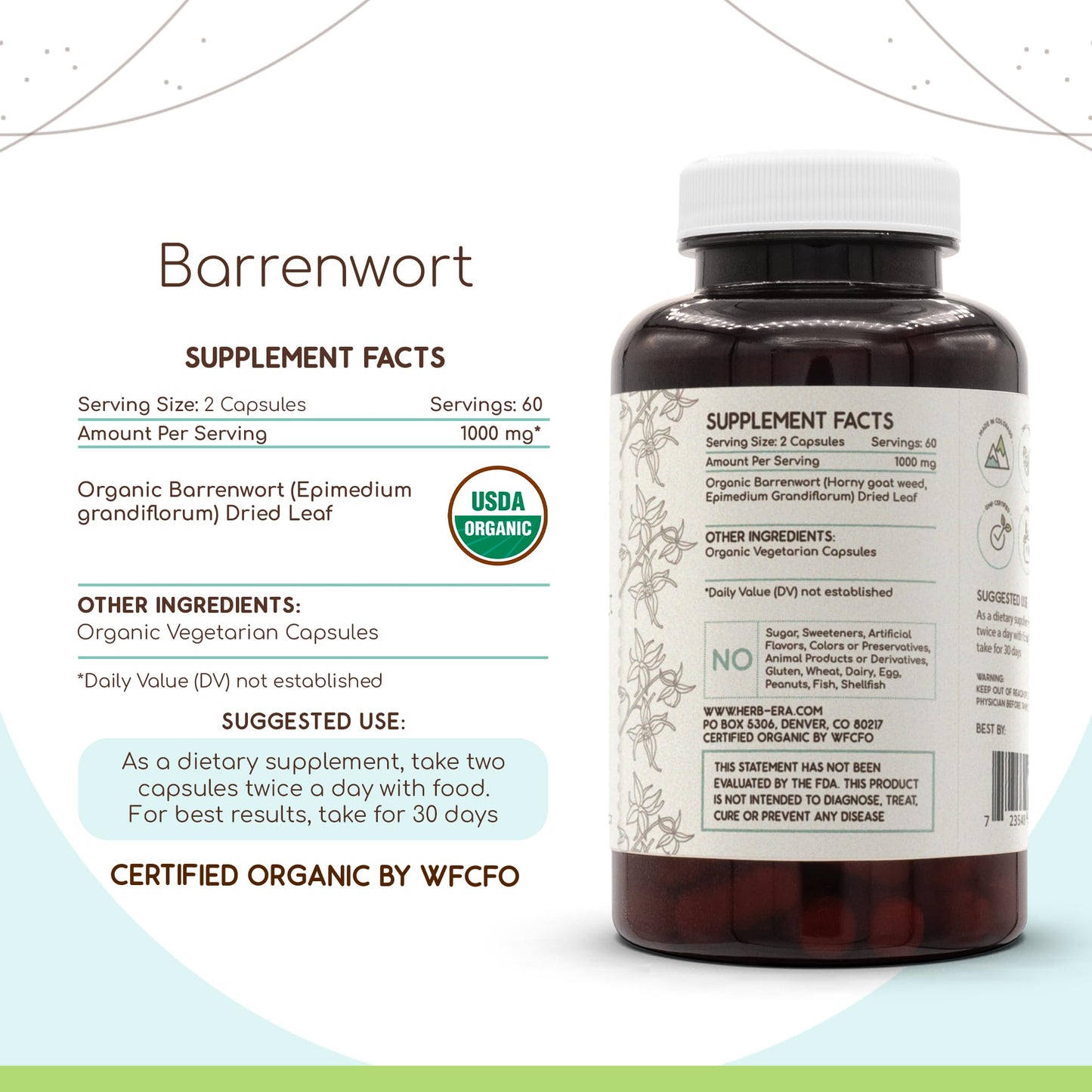HerbEra Barrenwort USDA Organic 120 Capsules – Epimedium grandiflorum