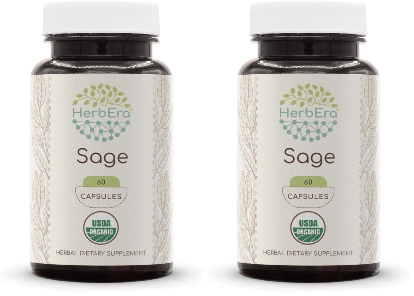 HerbEra Sage USDA Organic 60 Capsules | Natural Herbal Supplement | Certified Organic Sage (Salvia officinalis) Dried Leaf – Pack of 2