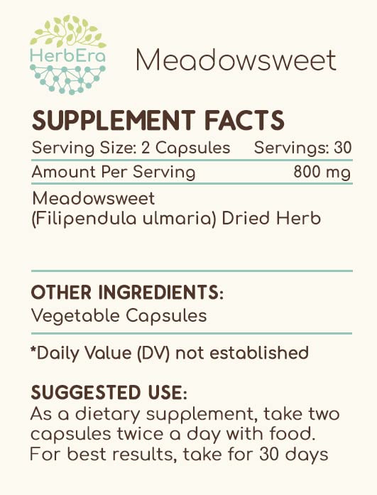HerbEra Meadowsweet 60 Capsules – 400 mg Dried Meadowsweet (Filipendula ulmaria)