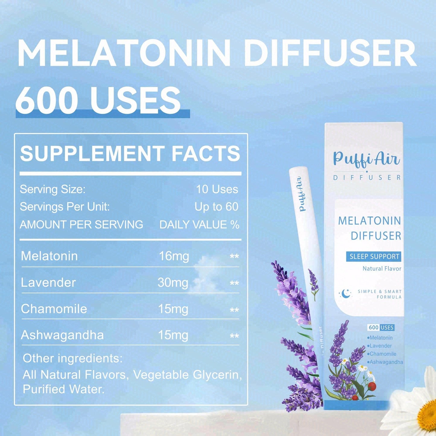 Herbal Anxiety Pen - Melatonin Diffuser with Lavender, Chamomile & Ashwagandha for Sleep Support & Stress Relief - 600 Uses