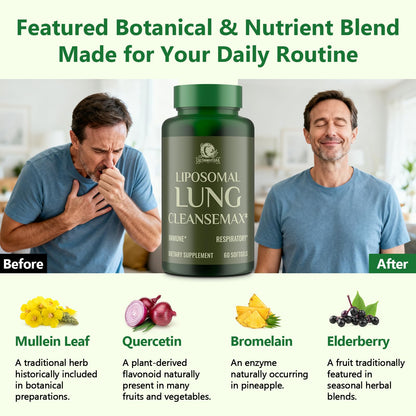 Liposomal Lung Cleansemax Supplement – Mullein Leaf & Elderberry, Quercetin + 13 Herbs & Vitamins | 120 Capsules