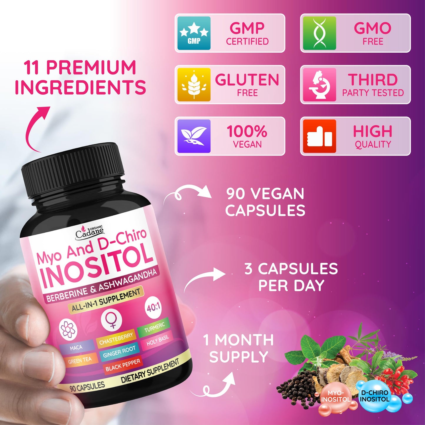Organic Cadane Myo and D-Chiro Inositol Capsules for Women | with Berberine, Ashwagandha, Maca, Chasteberry & 6 More | Cycle Regularity, Body Management | Vegan, Non-GMO - 90 Capsules