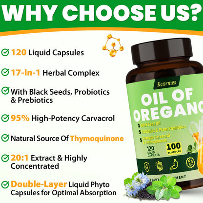 Oil Of Oregano with Black Seed Oil - 20000mg Oregano | 20x Carvacrol & Thymoquinone | 17-in-1 Immune & Digestive Support | 120 Liquid Phyto-Capsules