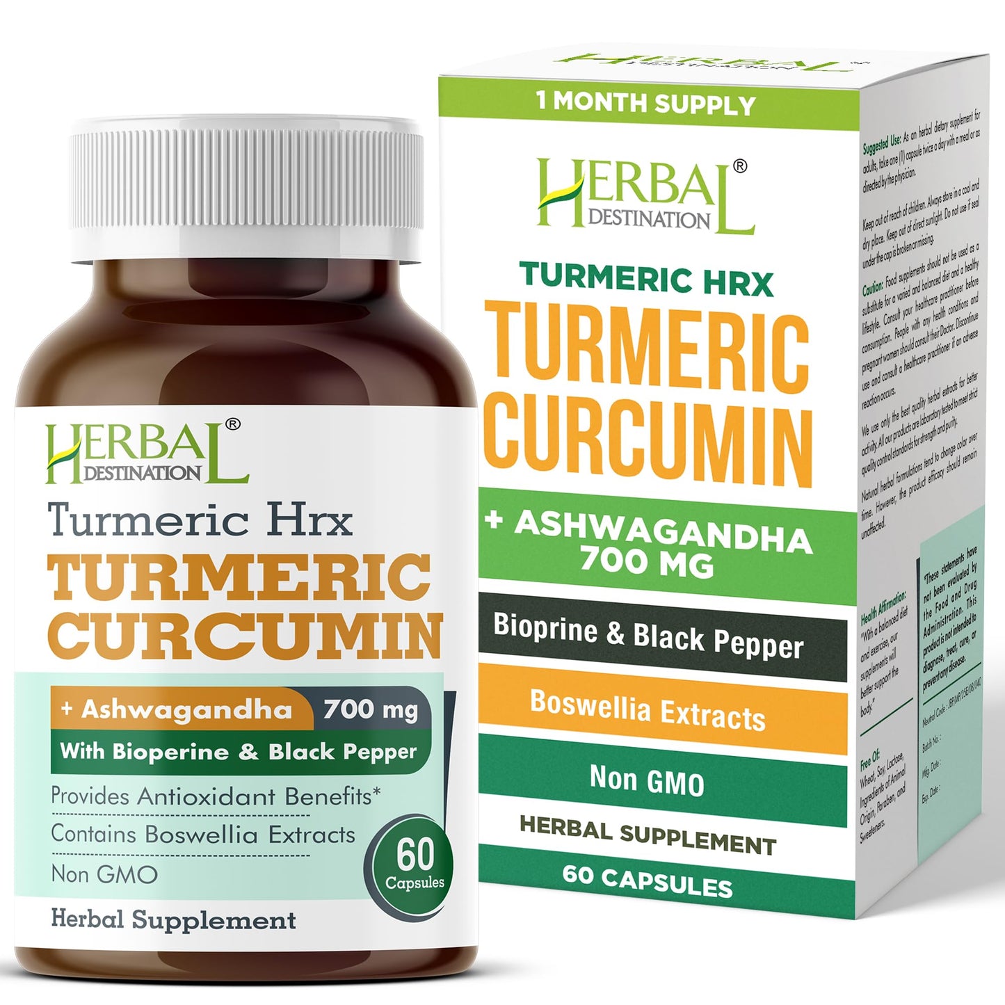 Herbal Destination Turmeric Supplement - Immune Support, Metabolism Booster & Joint Health - 60 Capsules
