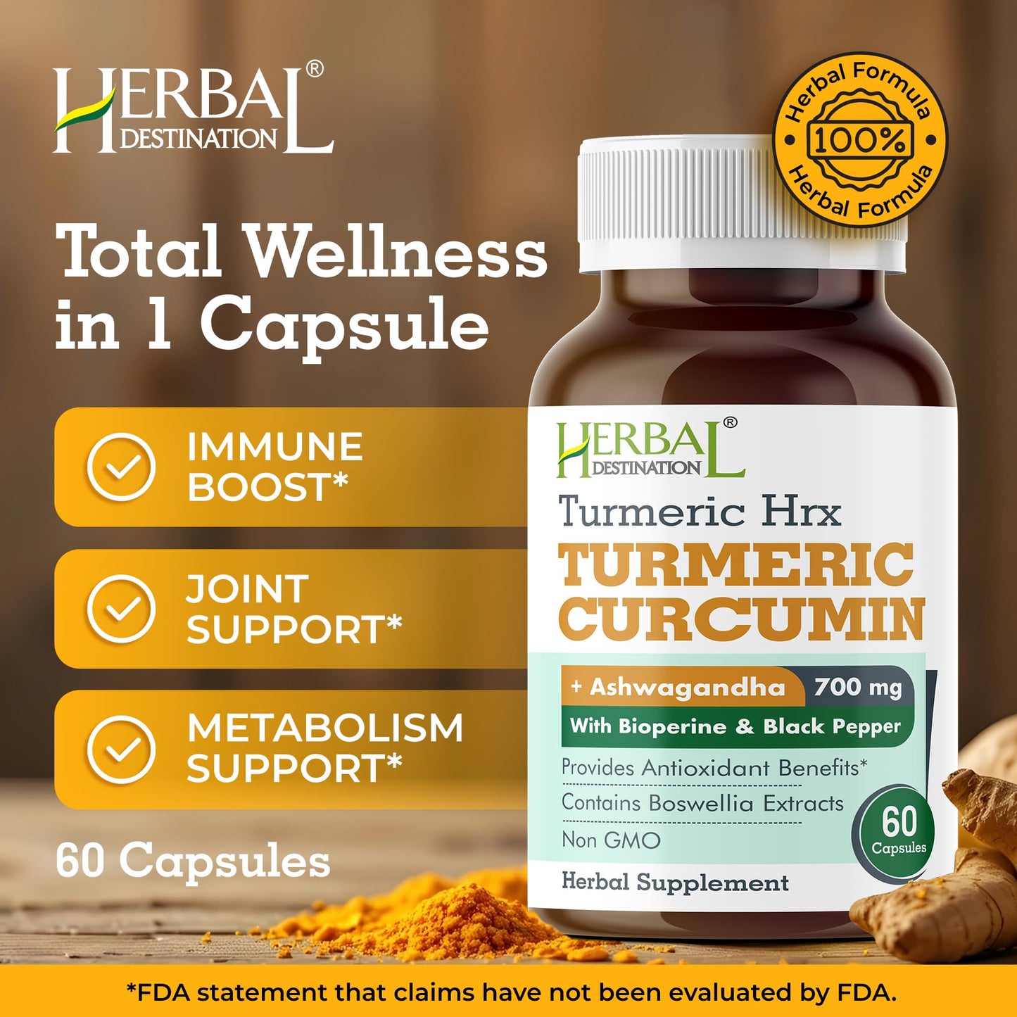 Herbal Destination Turmeric Supplement - Immune Support, Metabolism Booster & Joint Health - 60 Capsules
