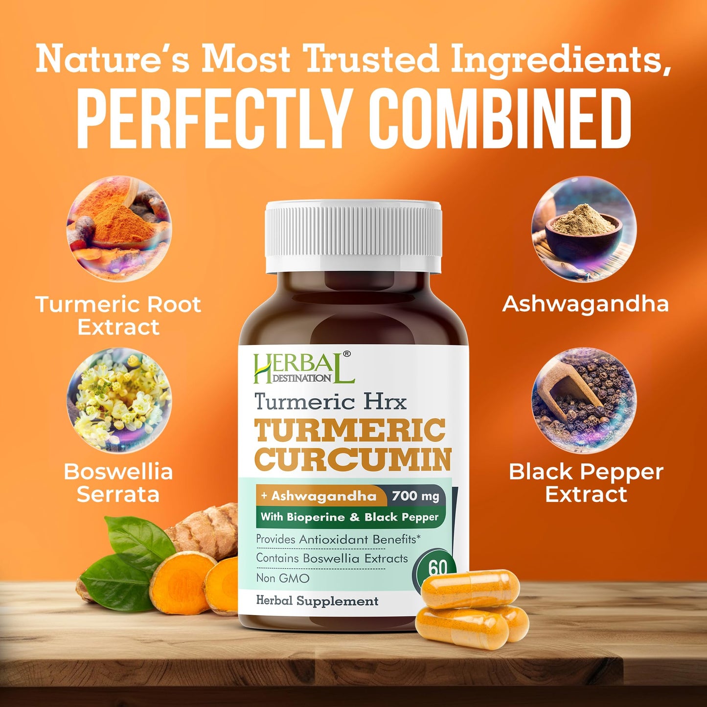 Herbal Destination Turmeric Supplement - Immune Support, Metabolism Booster & Joint Health - 60 Capsules
