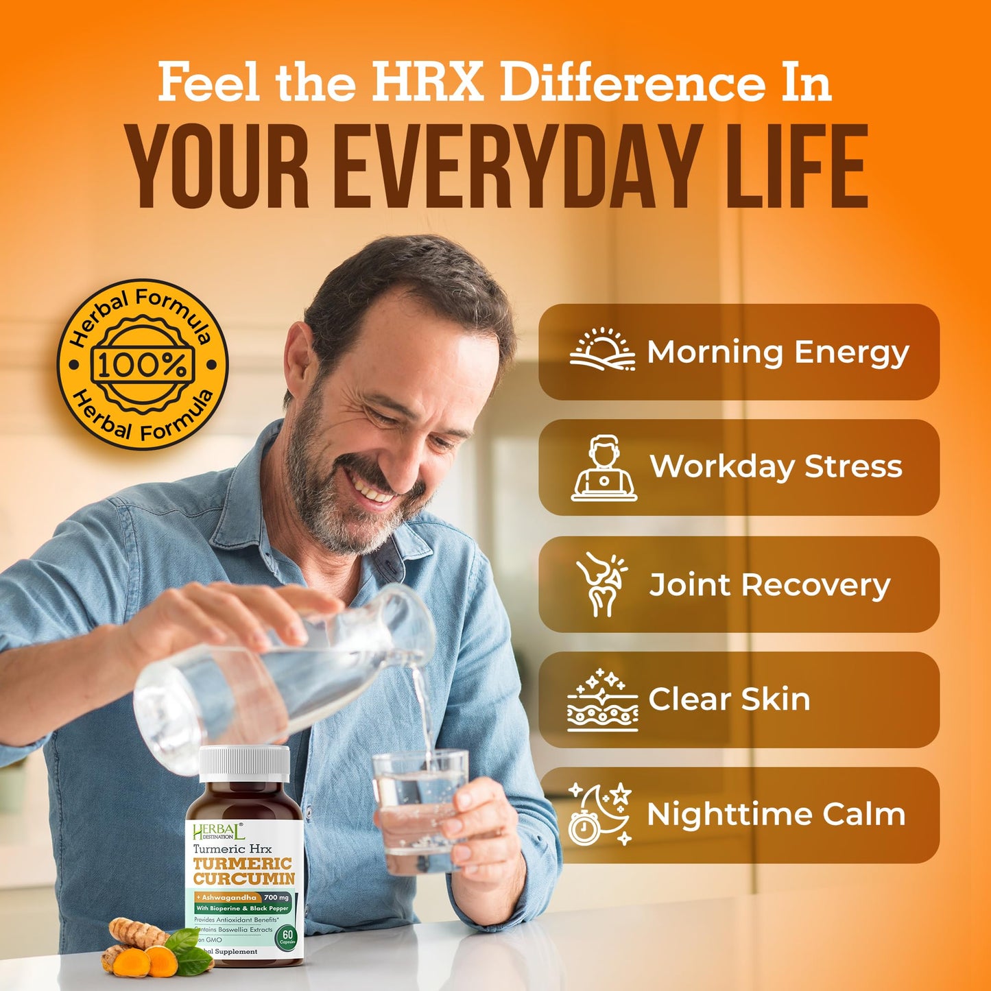 Herbal Destination Turmeric Supplement - Immune Support, Metabolism Booster & Joint Health - 60 Capsules