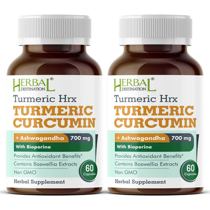 Herbal Destination Turmeric Supplement HRX - 60 Capsules (Pack of 2) | Turmeric Curcumin, Boswellia & Black Pepper Extract