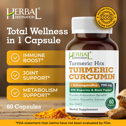 Herbal Destination Turmeric Supplement HRX - 60 Capsules (Pack of 2) | Turmeric Curcumin, Boswellia & Black Pepper Extract