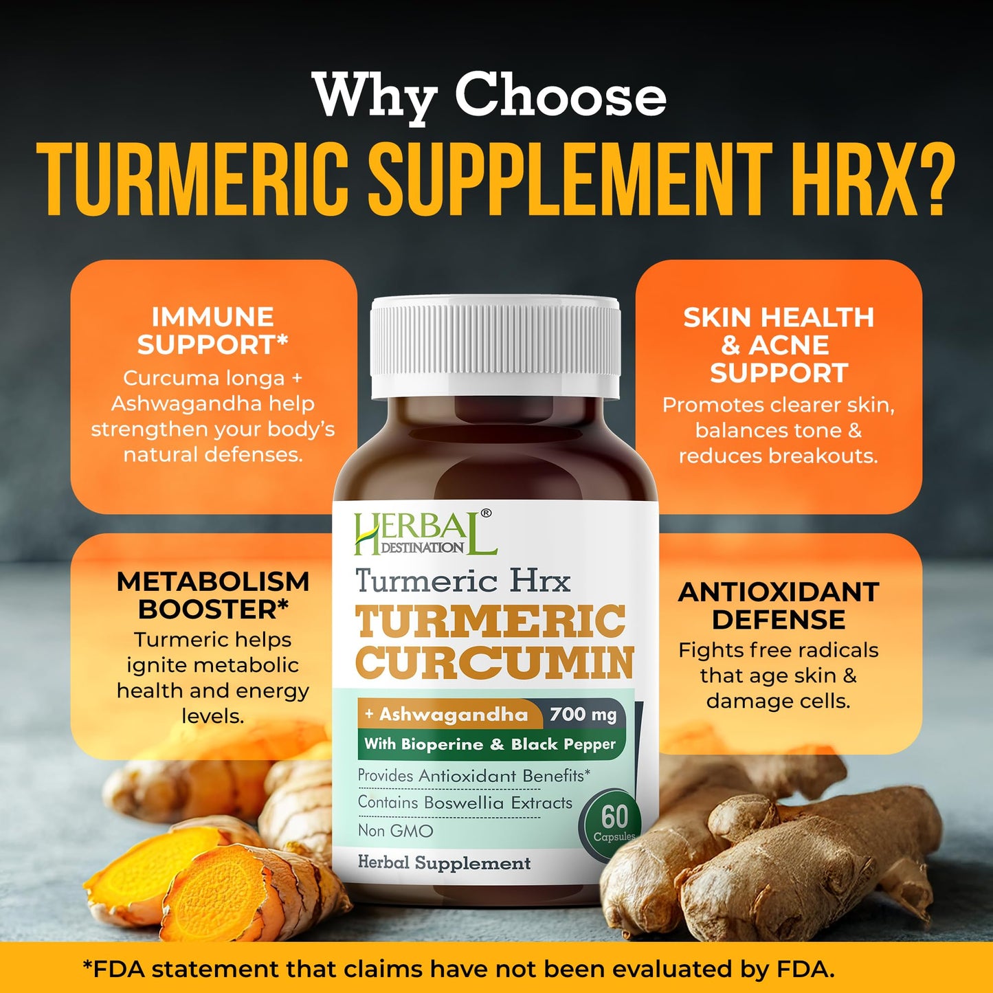 Herbal Destination Turmeric Supplement HRX - 60 Capsules (Pack of 2) | Turmeric Curcumin, Boswellia & Black Pepper Extract