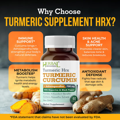 Herbal Destination Turmeric Supplement HRX - 60 Capsules (Pack of 2) | Turmeric Curcumin, Boswellia & Black Pepper Extract