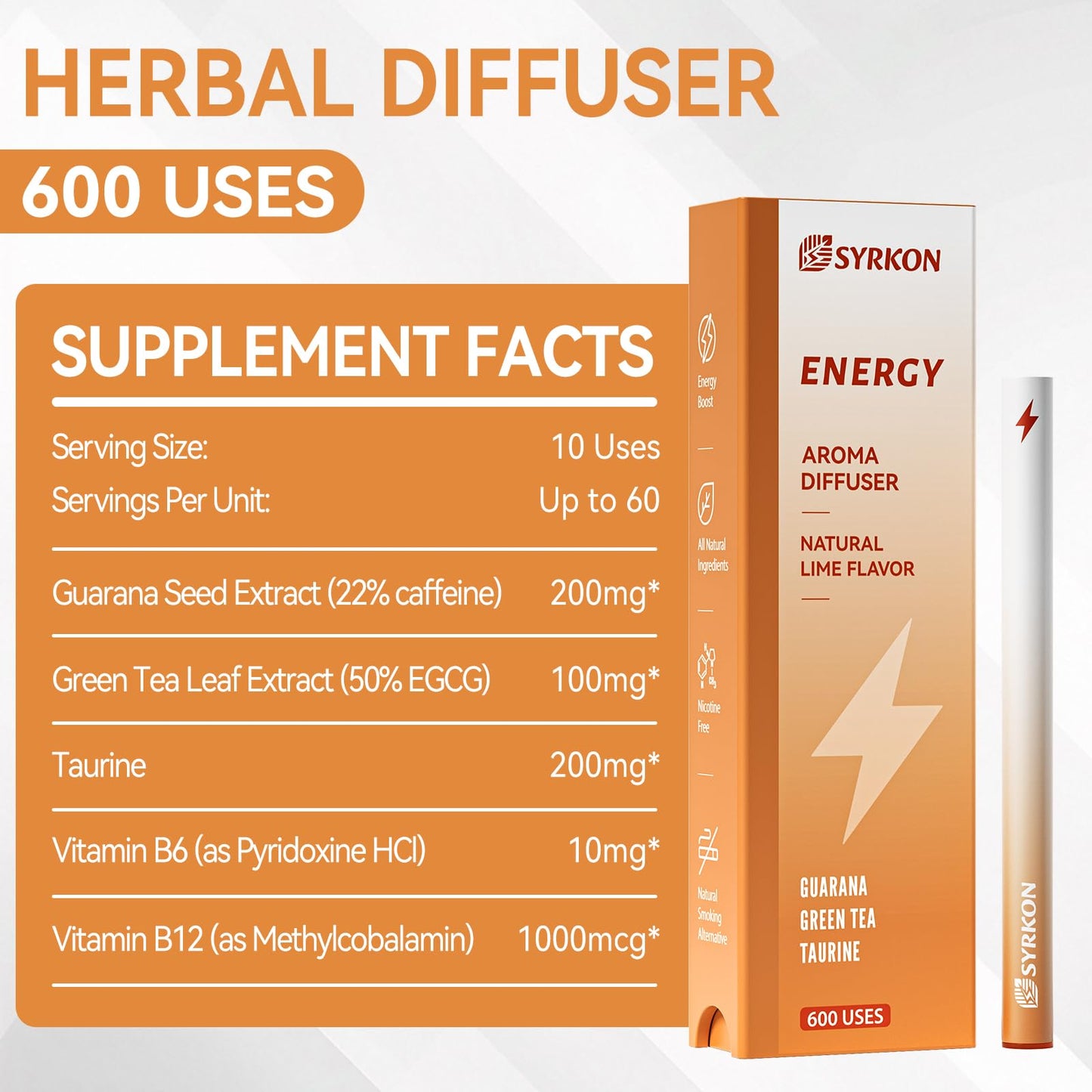 Herbal Diffuser Pen: Natural Energy Boost & Focus Support (Guarana, Green Tea, Taurine, B12 & B6) – 600 Uses