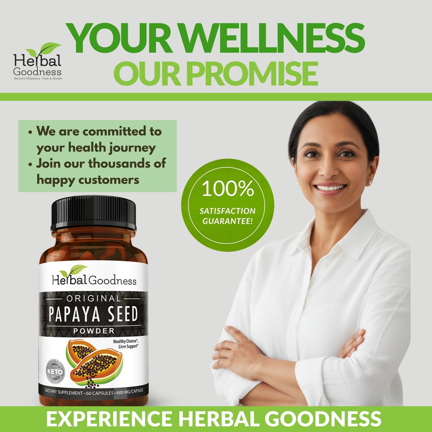 Herbal Goodness Papaya Seeds Powder Capsules – 600mg x 60, Organic Papain Enzymes for Digestion
