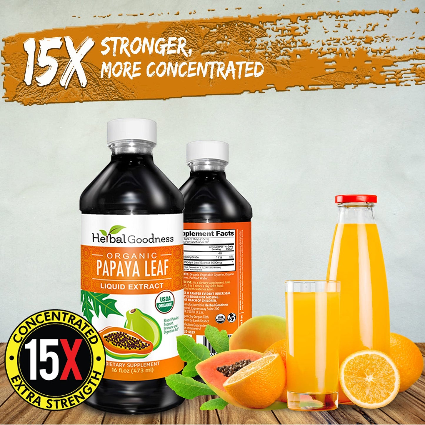 Herbal Goodness Papaya Leaf Extract 15X Platelet Support – Organic 16 oz Liquid