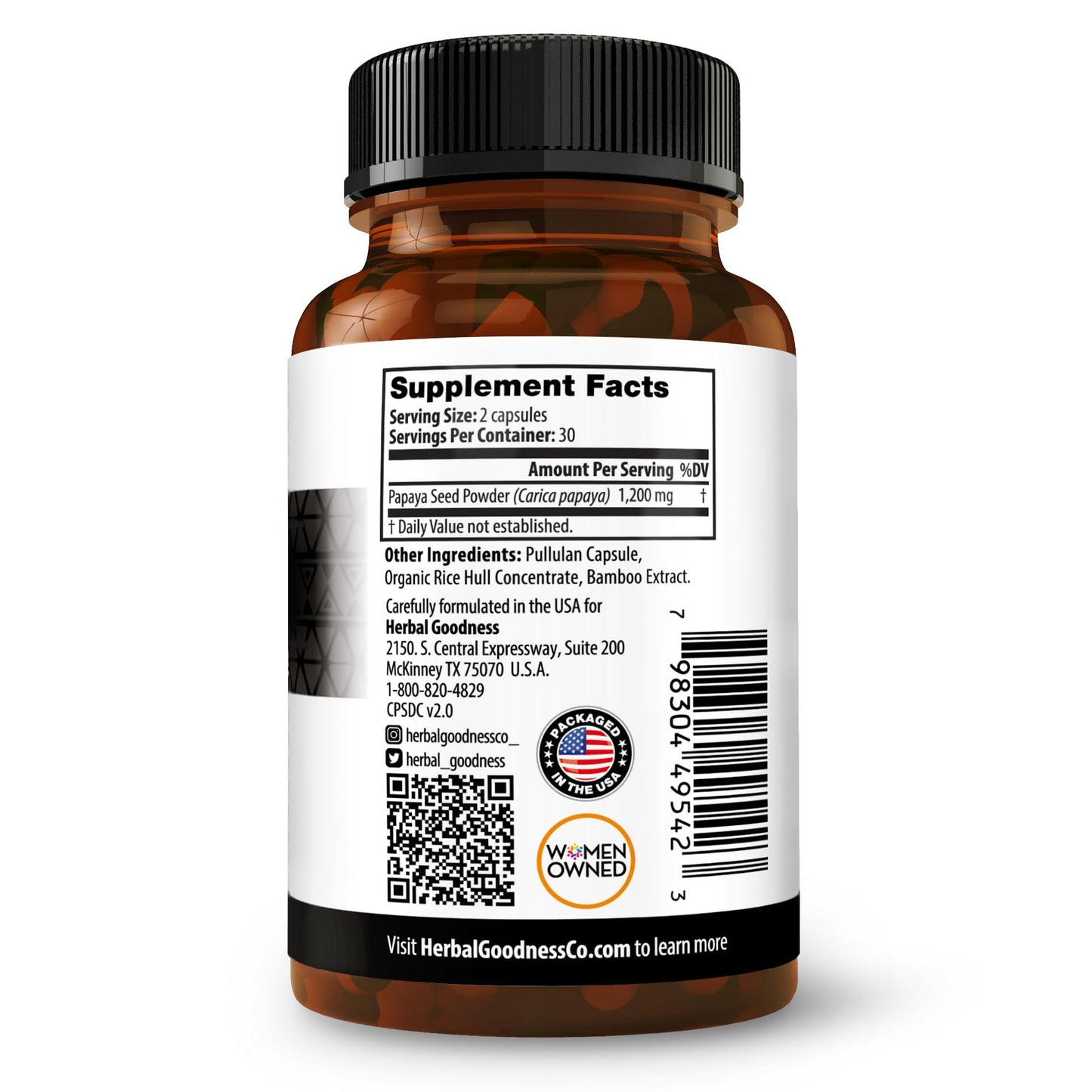 Herbal Goodness Papaya Seeds Powder Capsules – 600mg x 60, Organic Papain Enzymes for Digestion
