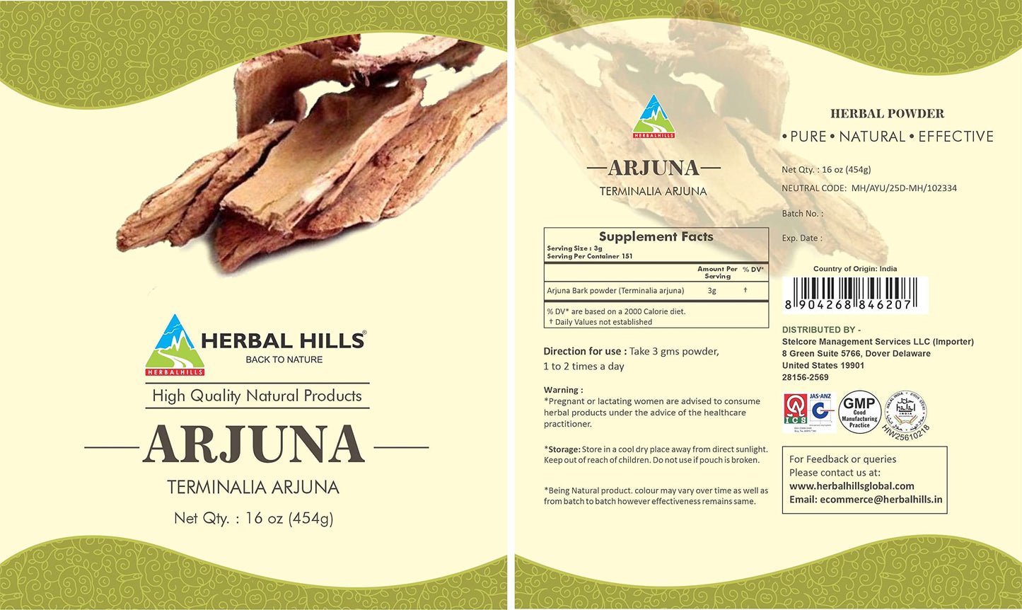 HERBAL HILLS Arjuna Bark Powder – Terminalia Arjuna, 16 oz (454 g) – Standardized Extract
