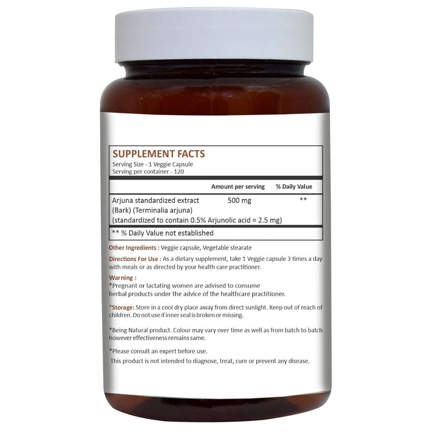 HERBAL HILLS Arjuna Capsules – Terminalia Arjuna 120 Count (500 mg) Standardized Extract