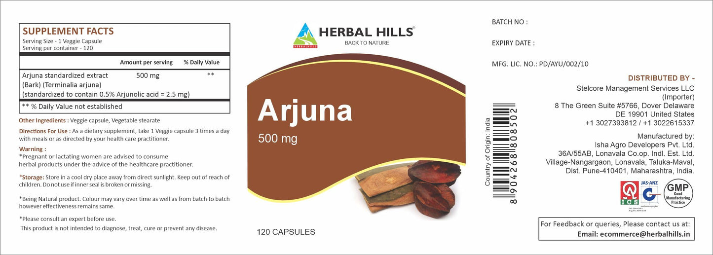 HERBAL HILLS Arjuna Capsules – Terminalia Arjuna 120 Count (500 mg) Standardized Extract