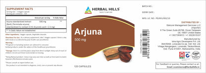 HERBAL HILLS Arjuna Capsules – Terminalia Arjuna 120 Count (500 mg) Standardized Extract