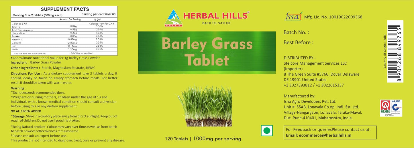 HERBAL HILLS Barley Grass Tablets 120 Count - Vegan Friendly Superfood