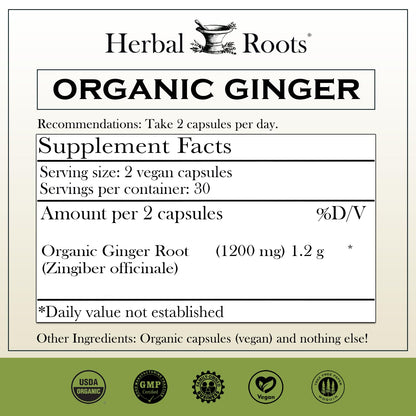Herbal Roots Ginger Supplement | Organic Ginger Root Capsules | 1,200 mg per Serving
