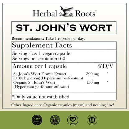 Herbal Roots St Johns Wort Capsules | 450 mg per Serving | Pure St. John’s Wort with No Binders or Fillers Non GMO | 60 Vegan Capsules