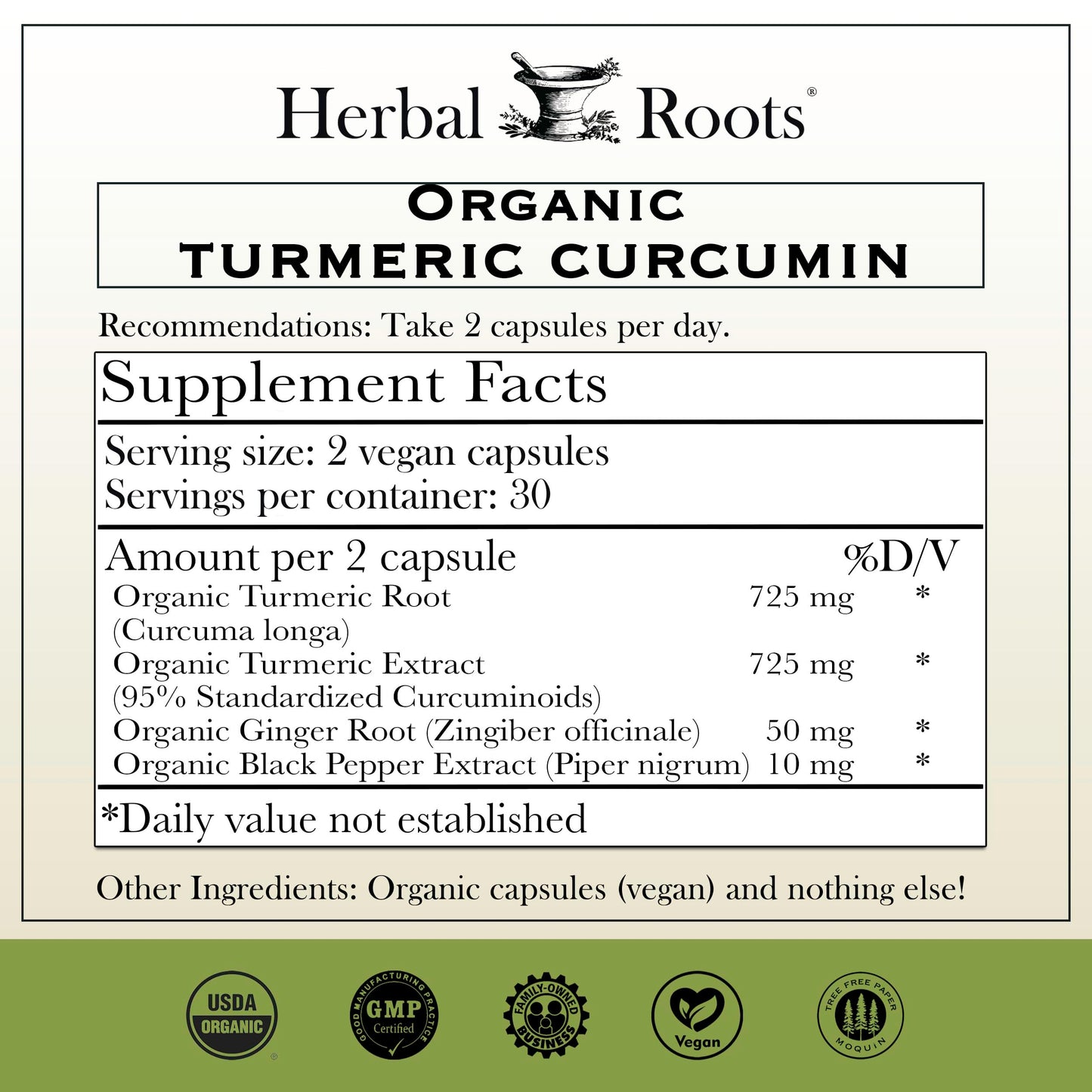 Herbal Roots - Turmeric Curcumin Capsules - Extra Strength - 1000mg Pure Organic Turmeric Supplement, 95% Standardized Curcumin Extract with BioPerine Pepper and Ginger