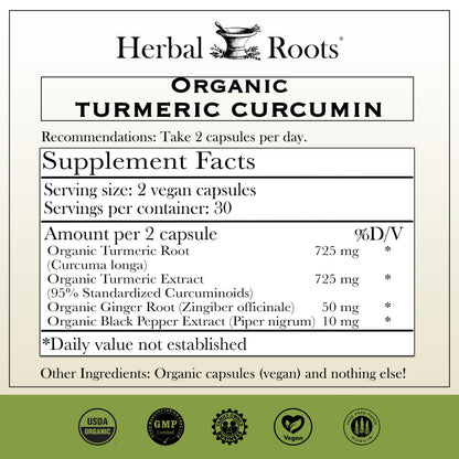 Herbal Roots - Turmeric Curcumin Capsules - Extra Strength - 1000mg Pure Organic Turmeric Supplement, 95% Standardized Curcumin Extract with BioPerine Pepper and Ginger