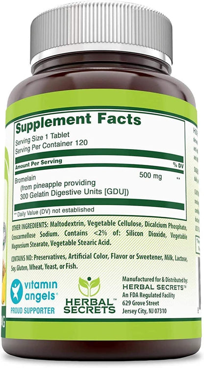 Herbal Secrets Bromelain Supplement 500 mg Tablets – Non-GMO, Gluten Free, Made in USA – 120 Count