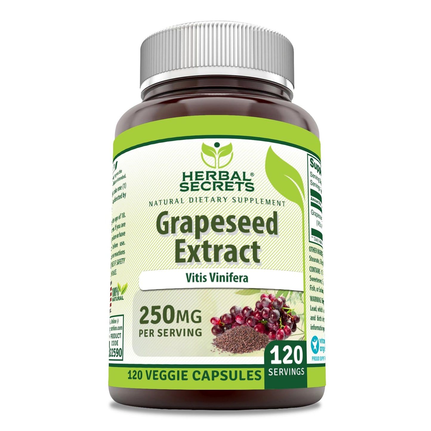 Herbal Secrets Grapeseed Extract Supplement - 250 mg, 120 Veggie Capsules, USA Made